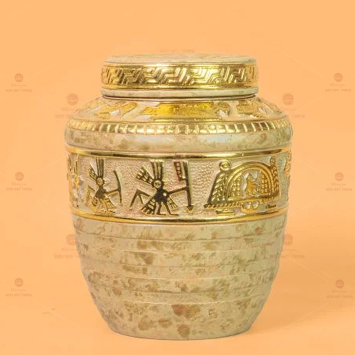 Chum Trống Đồng Kim Sa Đẹp Dát Vàng 24K Đựng Gạo Ngâm Rượu 