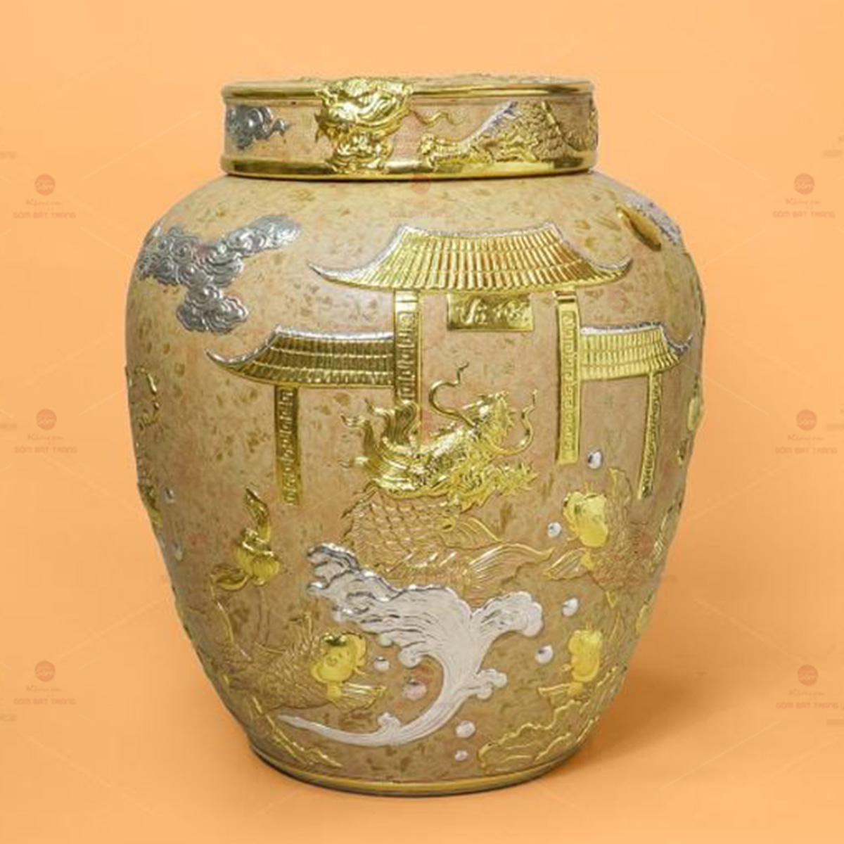 Chum Sành Cá Chép Dát Vàng 24K Đựng Gạo Bát Tràng 