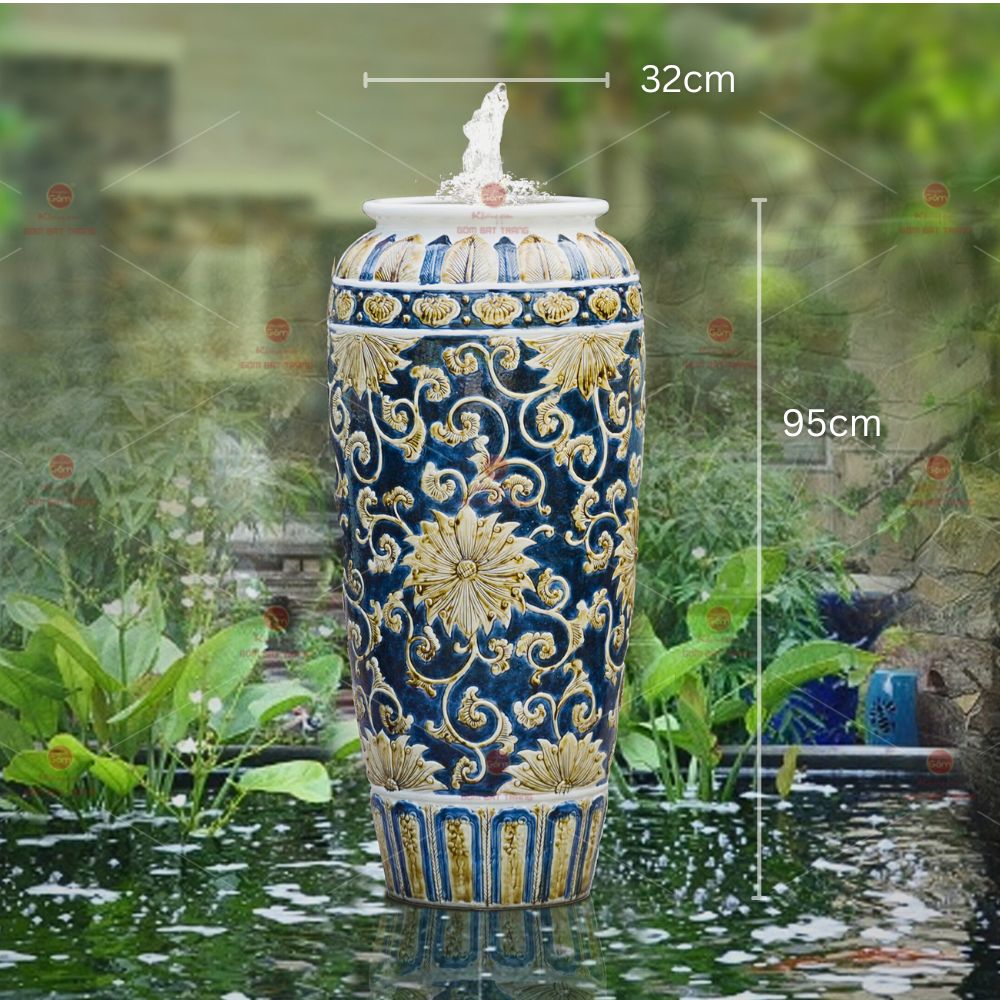 Lu nước phong thủy Bát Tràng men xanh vàng họa tiết hoa độc đáo 