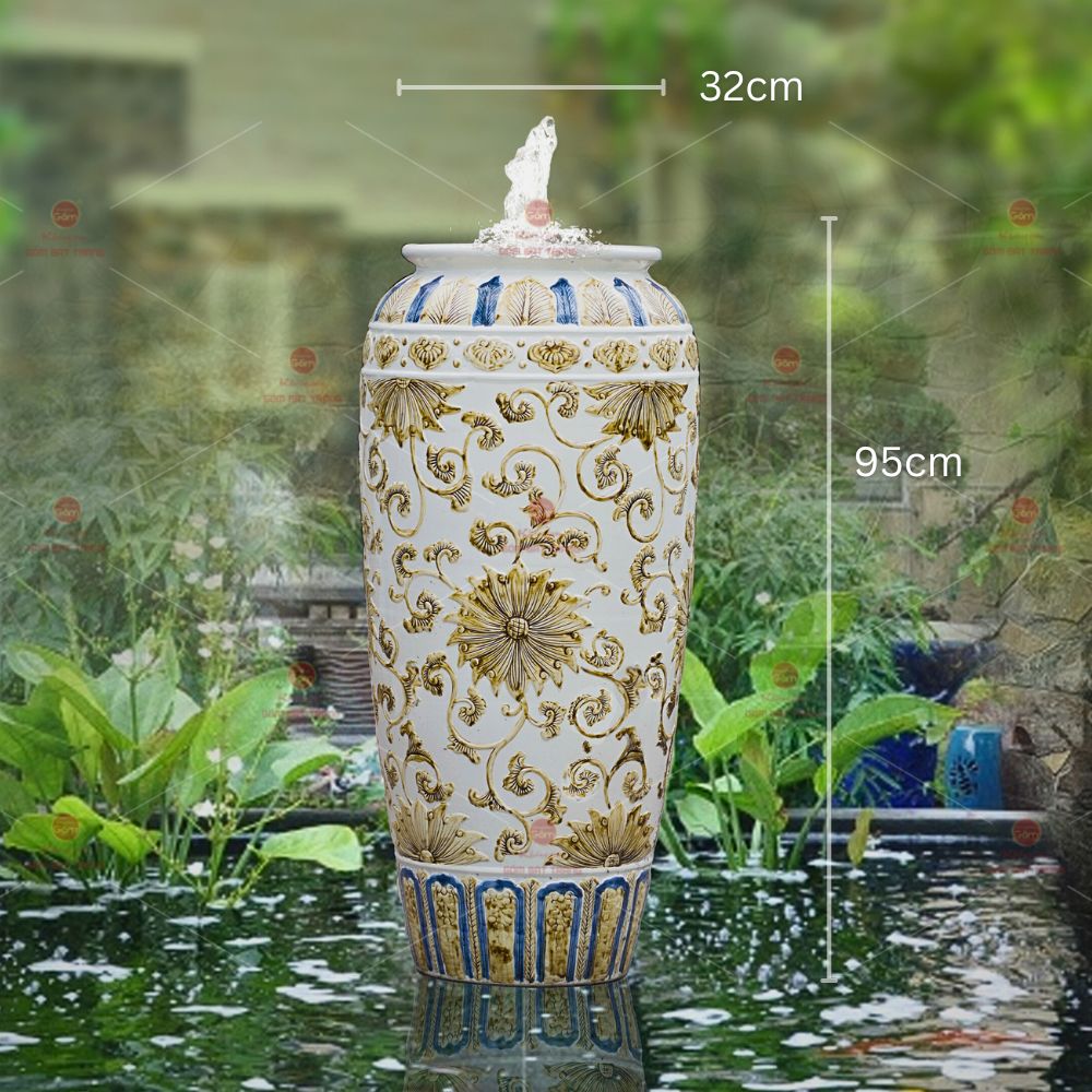 Lu nước phong thủy men vàng nhạt hoa văn đẹp trang trí sân vườn 