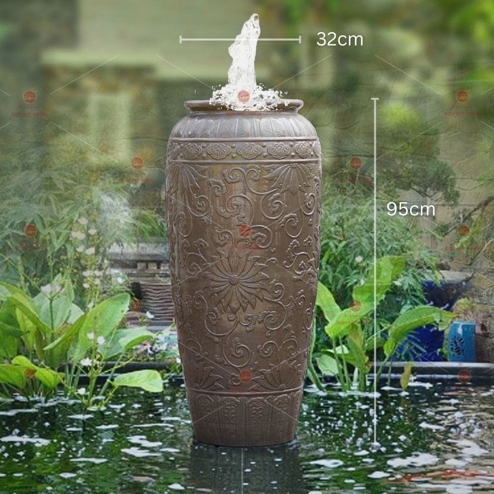 Lu nước phong thủy men ghi nhạt hoa văn khắc nổi Bát Tràng 