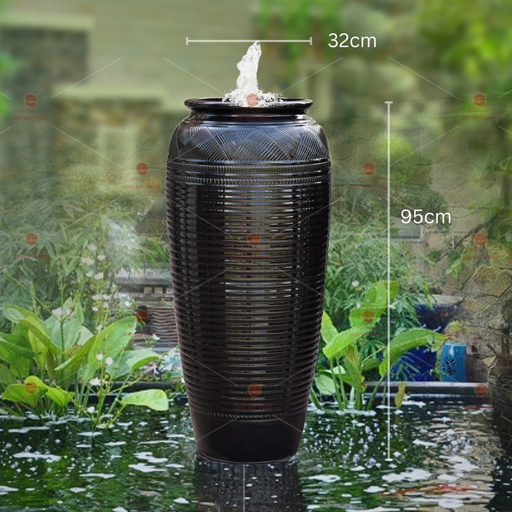 Lu nước phong thủy Bát Tràng men đen vân kẻ trang trí sân vườn 