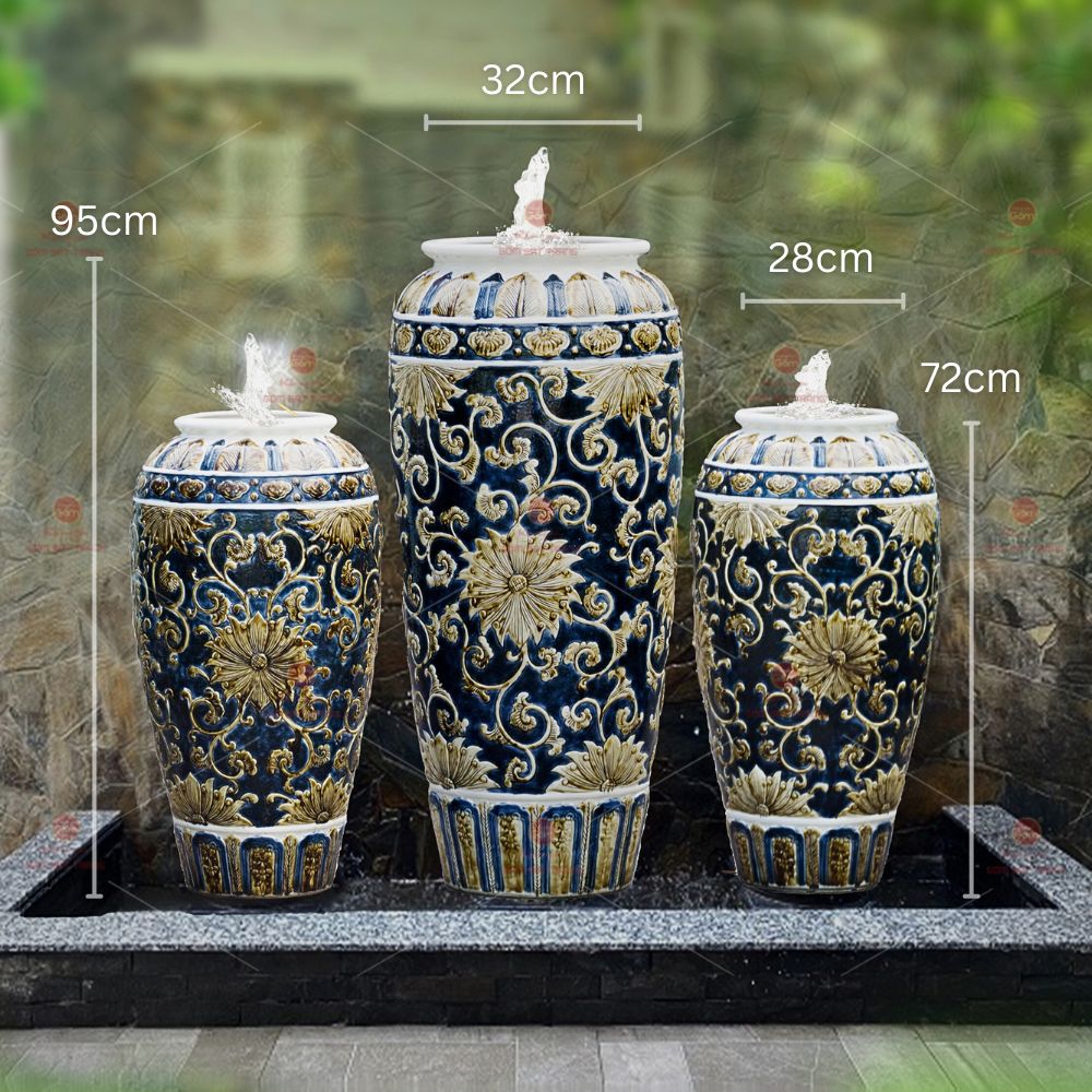 Bộ lu nước phong thủy men xanh vàng họa tiết hoa độc đáo trang trí sân vườn 
