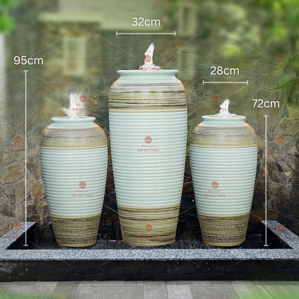 Bộ lu nước men xanh ngọc thổ cẩm gốm Bát Tràng cao cấp decor sân vườn 