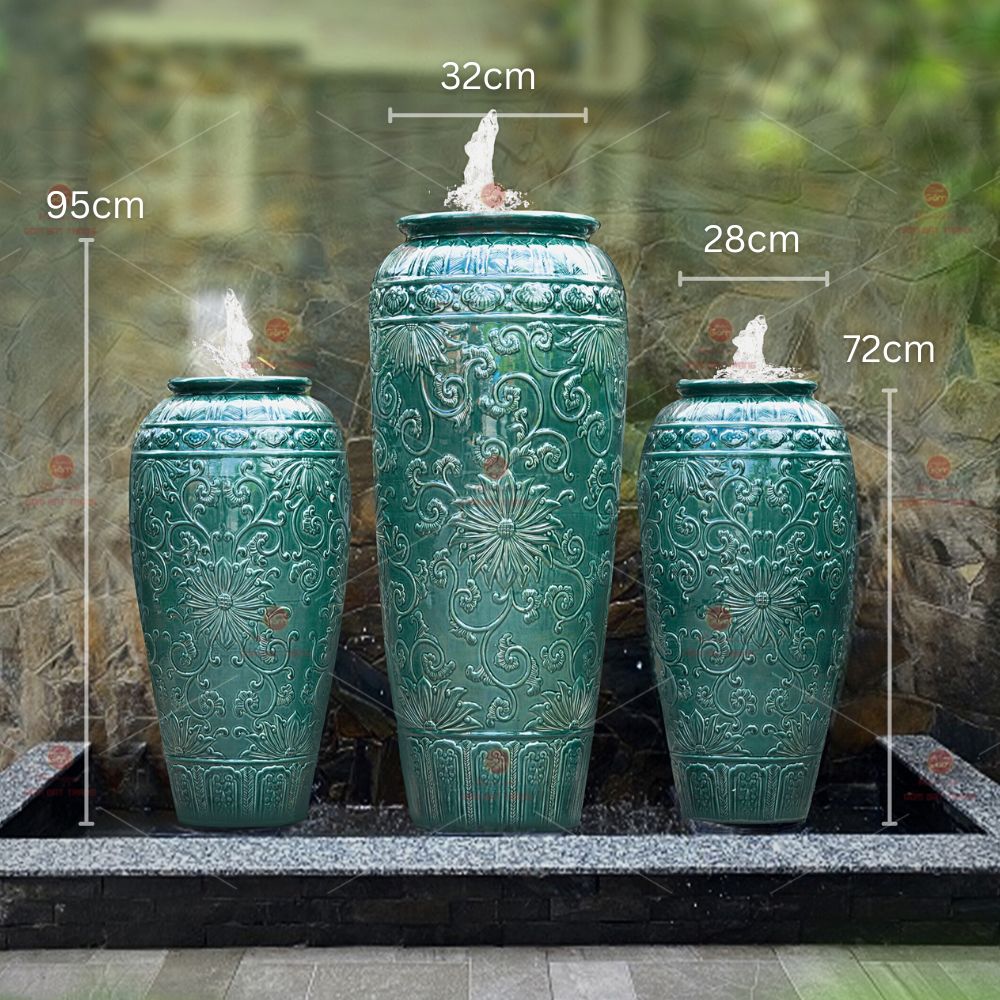 Bộ lu nước phong thủy men xanh hoa văn nổi Bát Tràng gốm sứ cao cấp trang trí sân vườn 