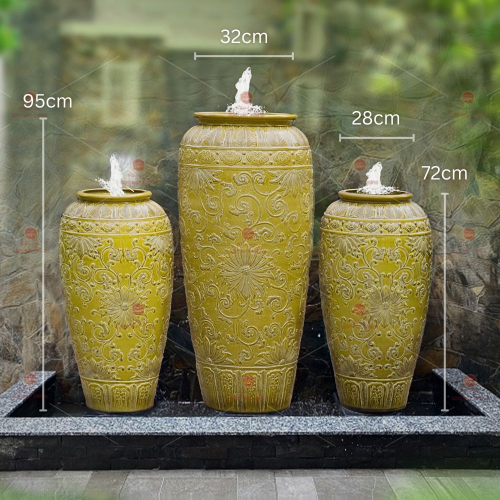 Bộ lu nước phong thủy men vàng hoa văn nổi cao cấp trang trí sân vườn 