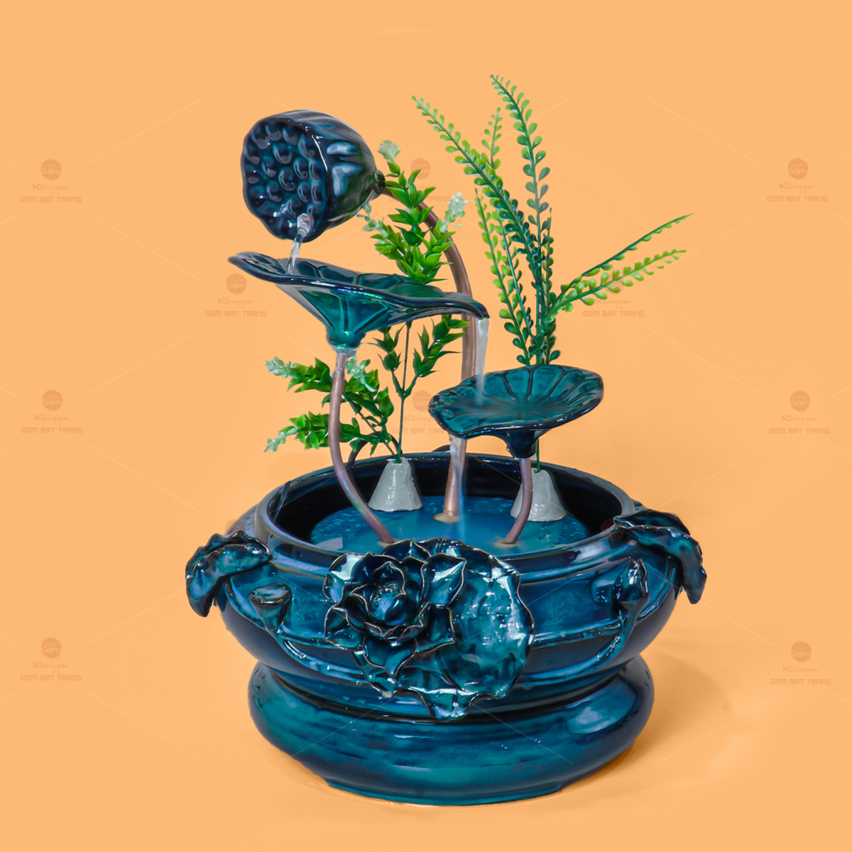 Bộ Thác Nước Phong Thủy Sen Xanh Đắp Nổi Gốm Sứ Bát Tràng Sang Trọng 