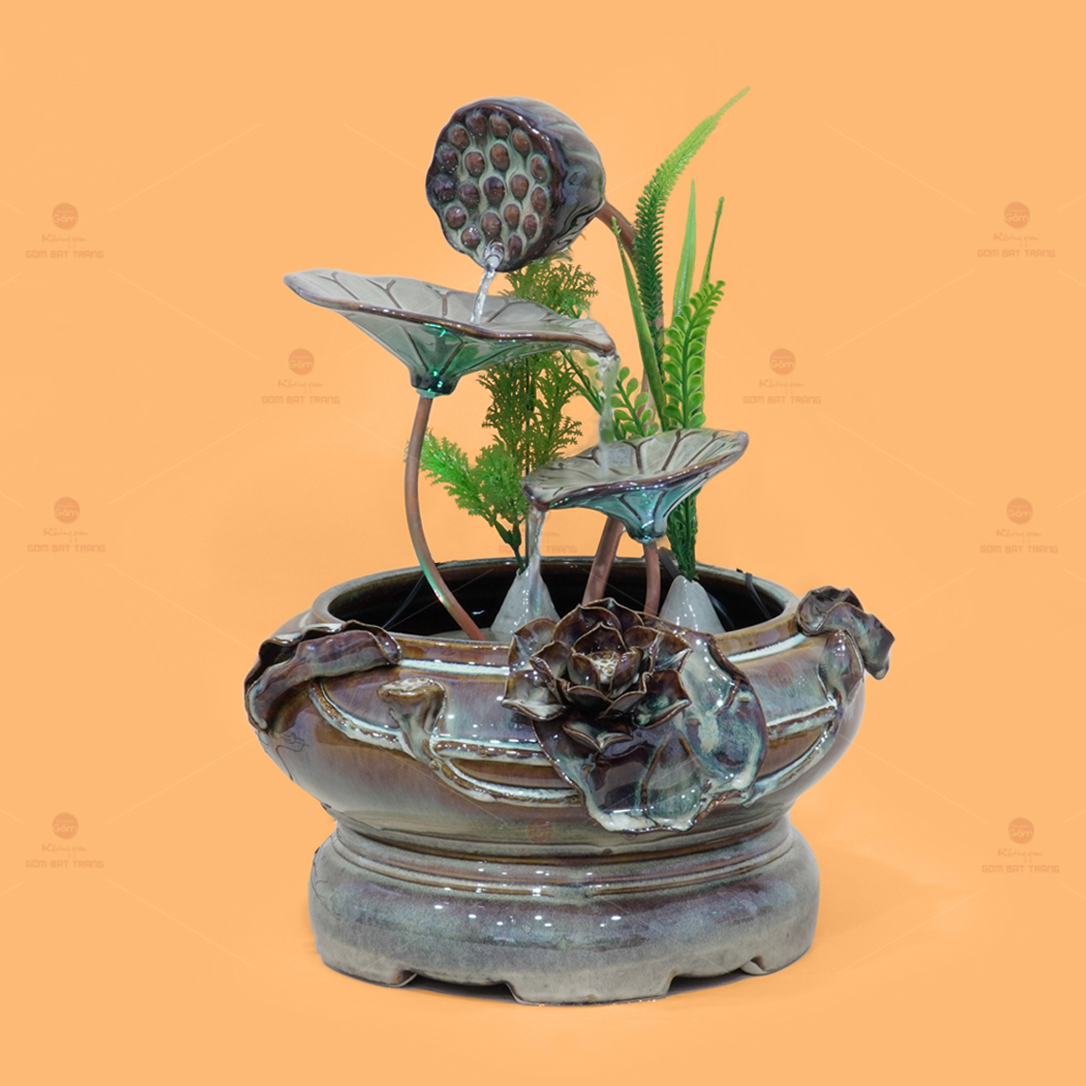 Bộ Thác Nước Sen Gấm Đắp Nổi Phong Thủy Gốm Sứ Cao Cấp 