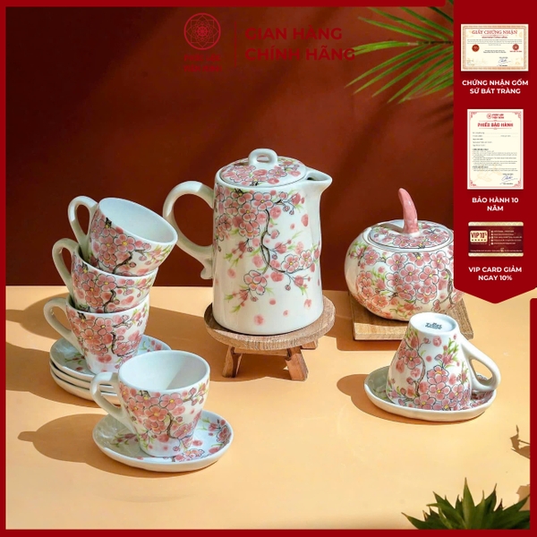 Bán Bộ Ấm Chén Bát Tràng Gốm Sứ Cao Cấp Họa Tiết Đào Hồng PL017 