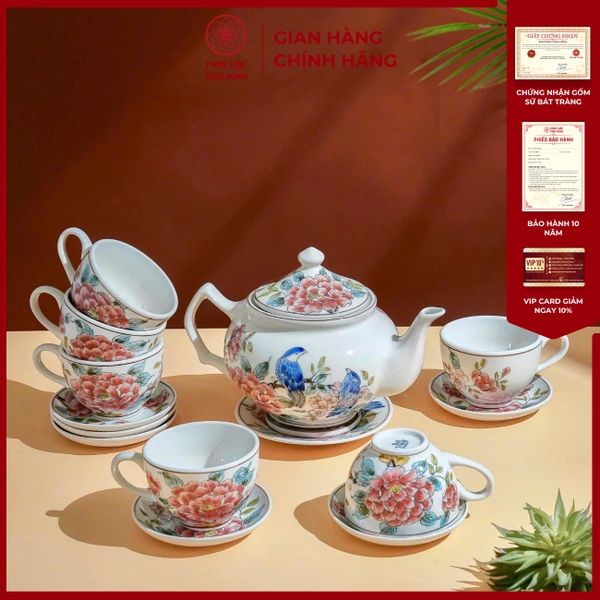 Bộ Ấm Chén Gốm Sứ Bát Tràng Phù Dung Cao Cấp Tinh Tế PL016 