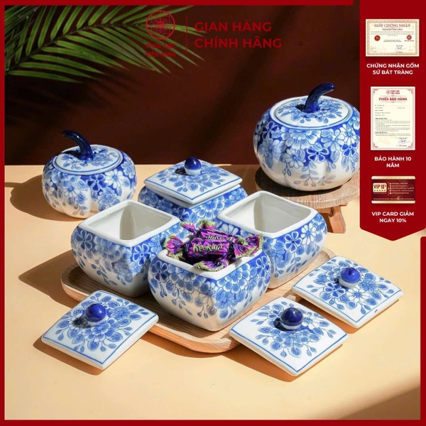 Bộ Hũ Mứt Gốm Sứ Bát Tràng Cúc Xanh Cao Cấp Đẹp PL015 