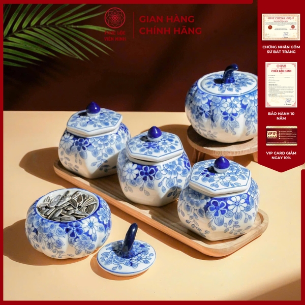 Bộ Hũ Mứt Gốm Sứ Bát Tràng Cúc Xanh Cao Cấp Phúc Lộc Viên Minh 