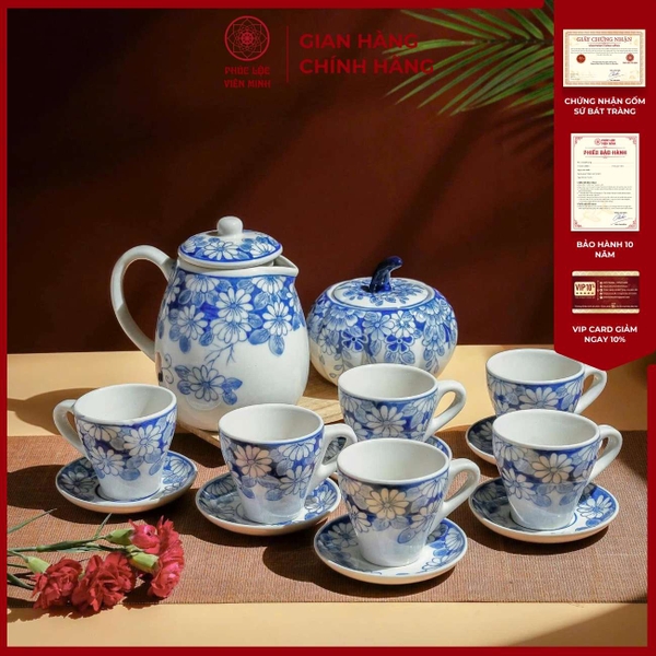 Bộ Hũ Gốm Sứ Bát Tràng Cúc Xanh Cao Cấp Sang Trọng PL013 