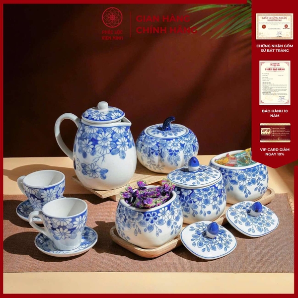 Bộ Hũ Mứt Gốm Sứ Bát Tràng Họa Tiết Cúc Xanh Sang Trọng 