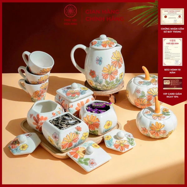 Bộ Hũ Mứt Gốm Sứ Bát Tràng Hoa Cúc Vàng Phúc Lộc Viên Minh PL011 