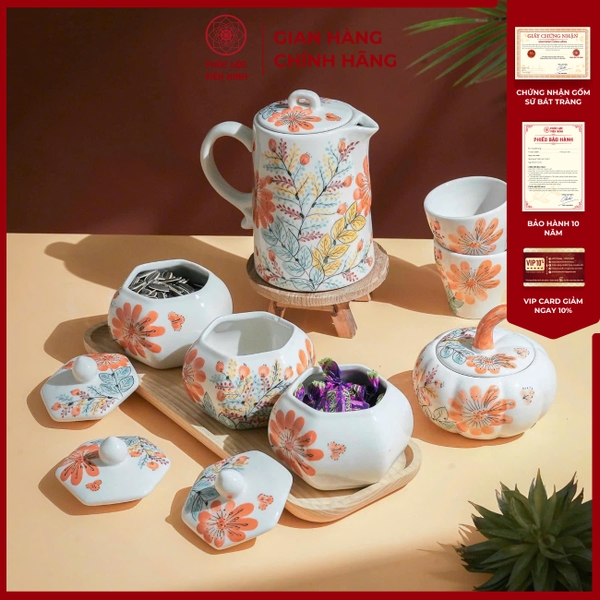 Bộ Hũ Mứt Gốm Sứ Bát Tràng Hoa Cúc Cam Cao Cấp Phúc Lộc 