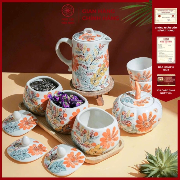 Bộ Hũ Mứt Gốm Sứ Bát Tràng Họa Tiết Hoa Cúc Cam Cao Cấp 