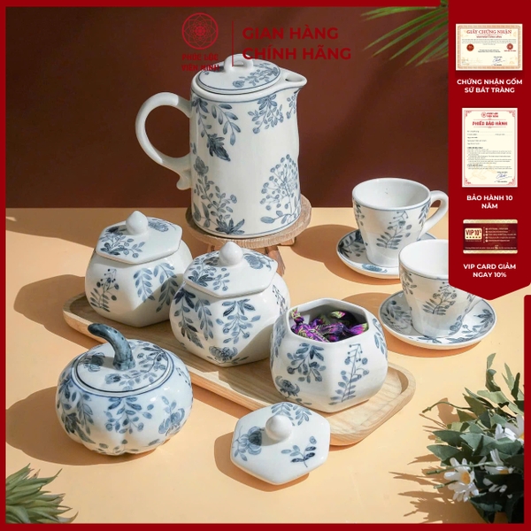 Bộ Hũ Mứt Gốm Sứ Bát Tràng Họa Tiết Hoa Dây Tằm Cao Cấp Phúc Lộc Viên Minh PL006 