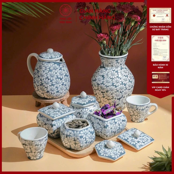 Bộ Hũ Mứt Gốm Sứ Bát Tràng Cúc Họa Mi Phúc Lộc Viên Minh Cao Cấp 