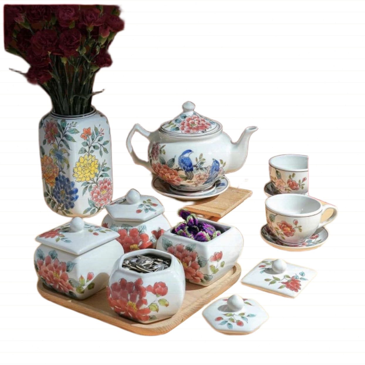 Bộ Hũ Mứt Gốm Sứ Bát Tràng Phù Dung Cao Cấp Sang Trọng PL003 