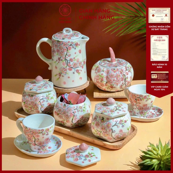 Bộ Hũ Mứt Gốm Sứ Bát Tràng Họa Tiết Hồng Đào Cao Cấp Bán Chạy 