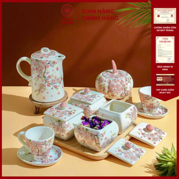 Bộ Hũ Mứt Gốm Sứ Bát Tràng Họa Tiết Đào Hồng Cao Cấp Chính Hãng 