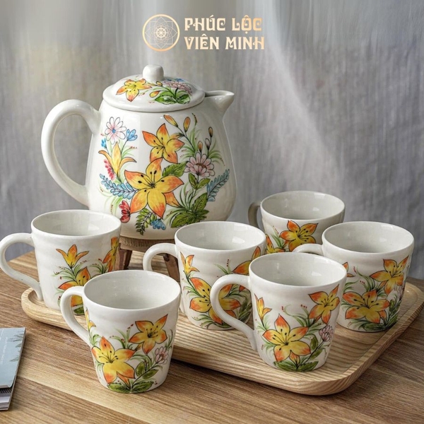 Bộ Ấm Chén Gốm Sứ Bát Tràng Cao Cấp Phúc Lộc Viên Minh VM155 chính hãng 