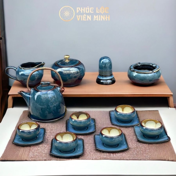 Bộ ấm chén gốm sứ Bát Tràng cao cấp Phúc Lộc Viên Minh sang trọng tiện dụng 