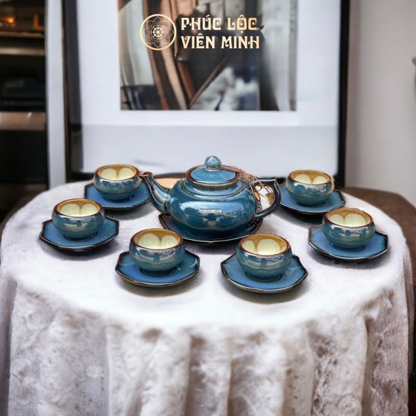 Bộ Ấm Chén Gốm Sứ Bát Tràng Cao Cấp Thiên Nga Xanh Sang Trọng Chính Hãng 