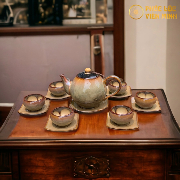 Bộ Ấm Chén Men Kem Cao Cấp Gốm Sứ Bát Tràng Sang Trọng Đẹp Mắt 