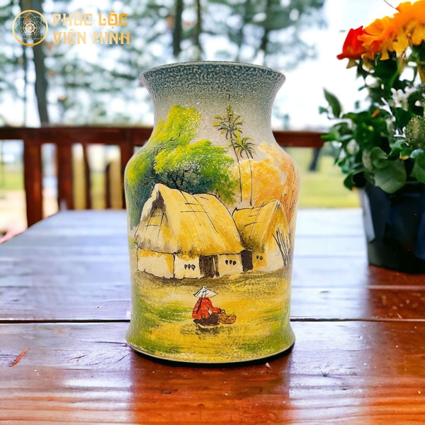 Bình Hoa Gốm Sứ Bát Tràng Cao Cấp Vẽ Tay Độc Đáo VM533 Phúc Lộc 
