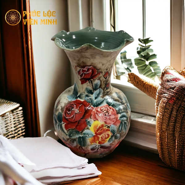 Bình hoa gốm sứ Bát Tràng cao cấp vẽ tay độc bản sang trọng VM480 
