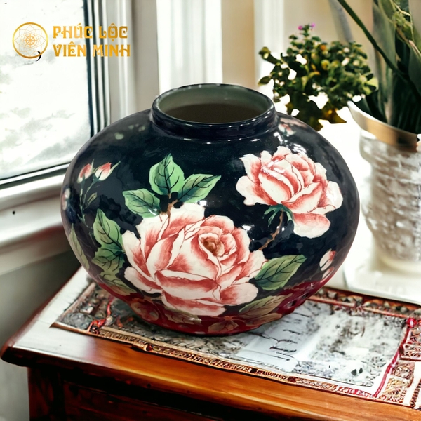 Bình hoa gốm sứ Bát Tràng độc bản vẽ tay sang trọng VM479 tiện dụng 