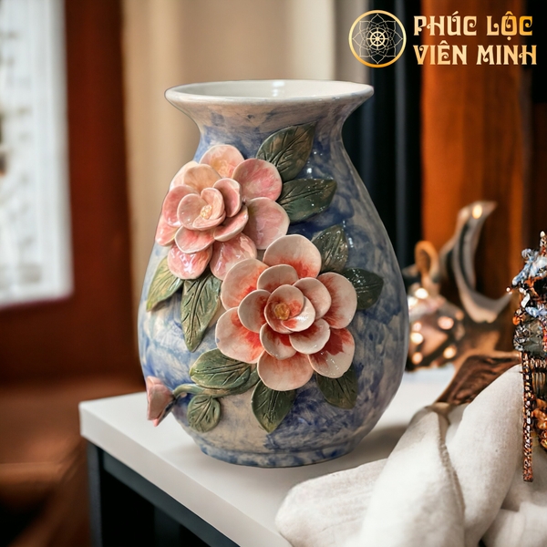 Bình Hoa Gốm Sứ Bát Tràng Cao Cấp Đắp Nổi Độc Bản Sang Trọng VM475 