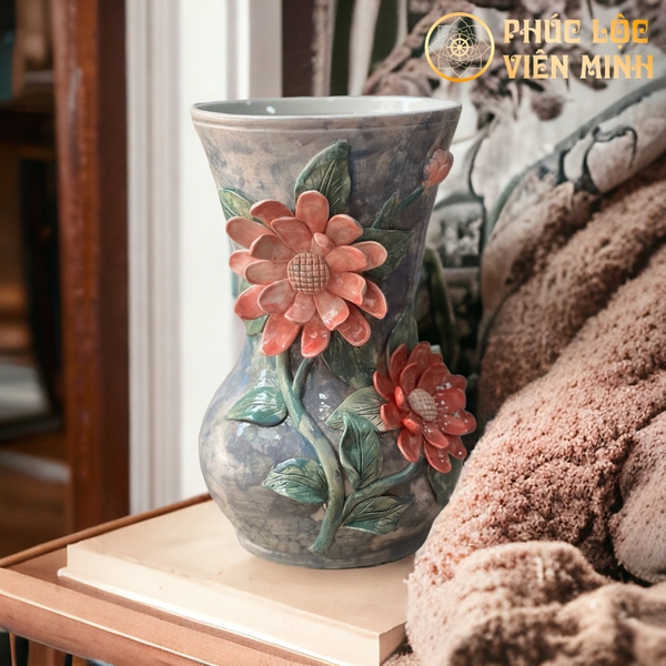 Bình Hoa Bát Tràng Đắp Nổi Cao Cấp Độc Bản Gốm Sứ Sang Trọng VM474 