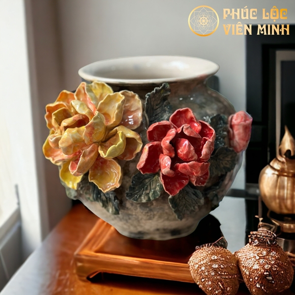 Bình Hoa Gốm Sứ Bát Tràng Cao Cấp Đắp Nổi Độc Bản Sang Trọng VM471 