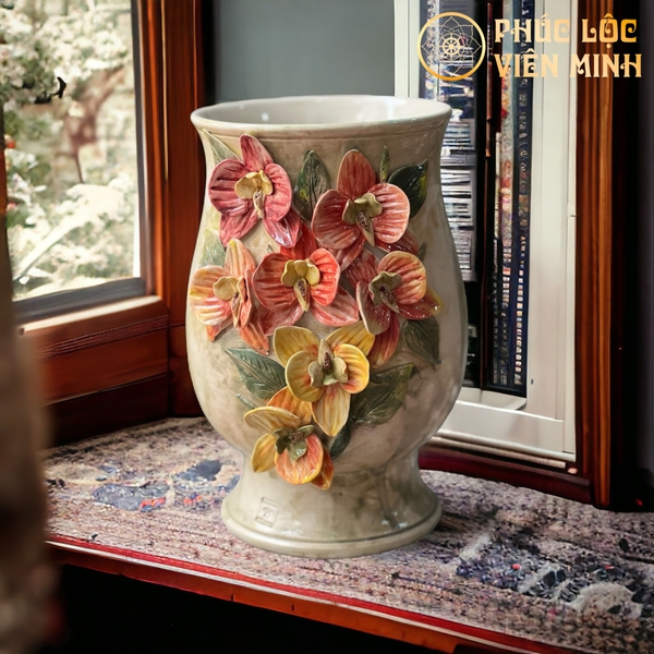 Bình Hoa Gốm Sứ Bát Tràng Đắp Nổi Độc Bản Sang Trọng Quà Tặng VIP 