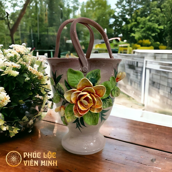 Bình Hoa Gốm Sứ Bát Tràng Đắp Nổi Độc Bản Phúc Lộc Viên Minh VM462 Sang Trọng 