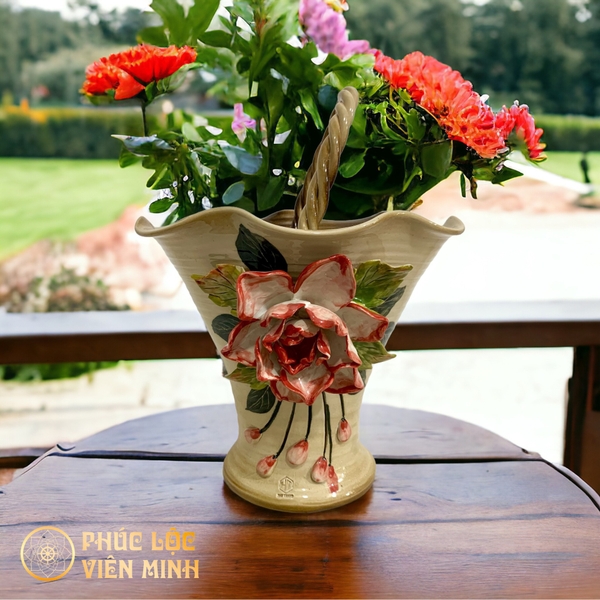 Bình Hoa Gốm Sứ Bát Tràng Đắp Nổi Độc Quyền Phúc Lộc VM453 