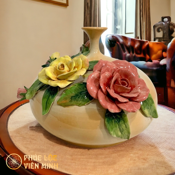 Bình Hoa Gốm Sứ Bát Tràng Cao Cấp Đắp Nổi Sang Trọng VM452 