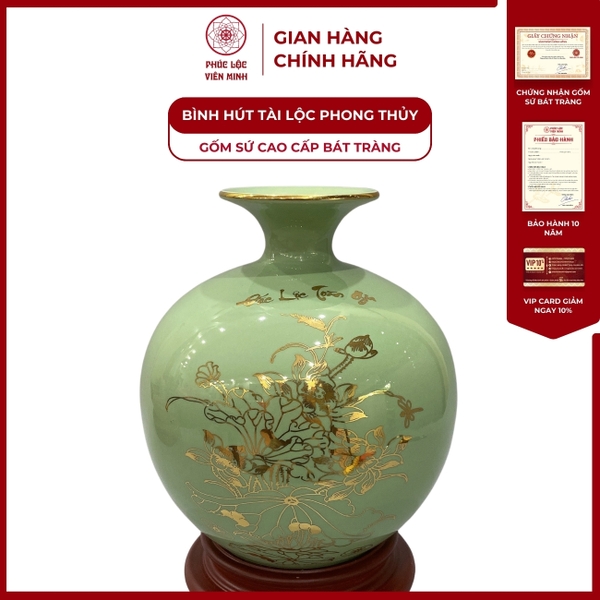 Bình Hút Lộc Đắc Lộc Toàn Gia Gốm Sứ Bát Tràng Vàng Kim Phong Thủy 