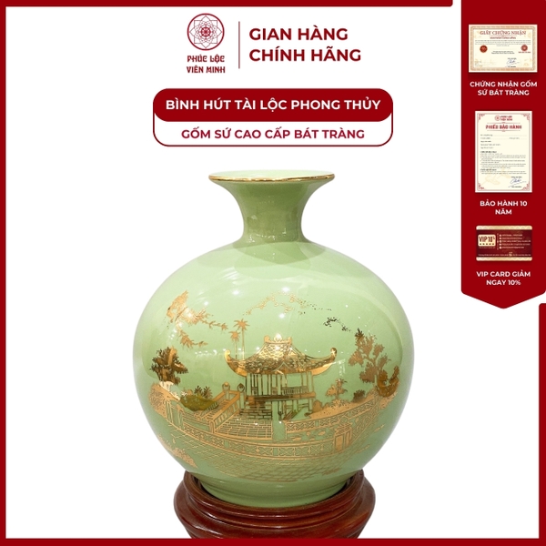 Bình Hút Lộc Vàng Kim Chùa Một Cột Gốm Sứ Bát Tràng Cao Cấp Phong Thủy 