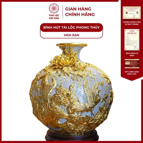 Bình Hút Lộc Phong Thủy Gốm Sứ Bát Tràng Men Rạn Vẽ Vàng Cao Cấp 