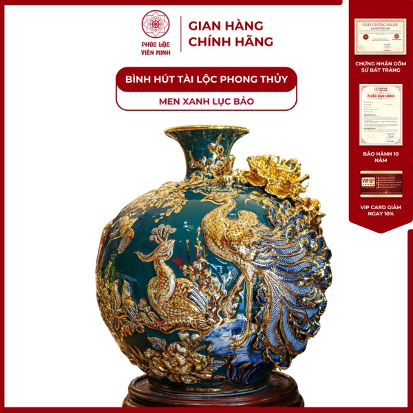 Bình Hút Lộc Men Xanh Lục Bảo Vẽ Vàng Phú Quý Công Danh Gốm Sứ Bát Tràng Cao Cấp 