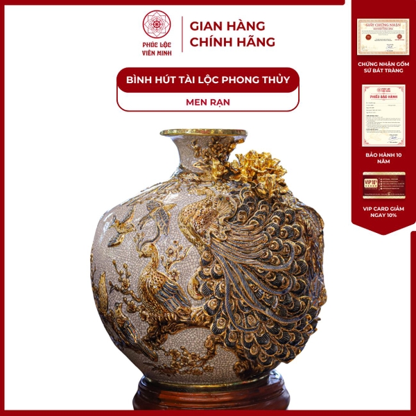 Bình Hút Lộc Công Danh Phú Quý Men Rạn Vàng Gốm Bát Tràng Cao Cấp 