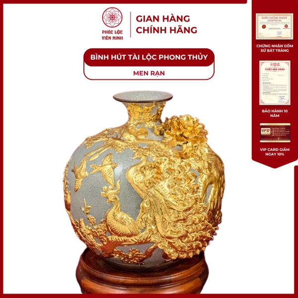 Bình Hút Lộc Phú Quý Men Rạn Vàng Gốm Sứ Bát Tràng Cao Cấp 