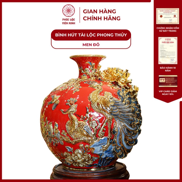 Bình Hút Lộc Phú Quý Men Đỏ Vẽ Vàng Gốm Sứ Bát Tràng Cao Cấp 