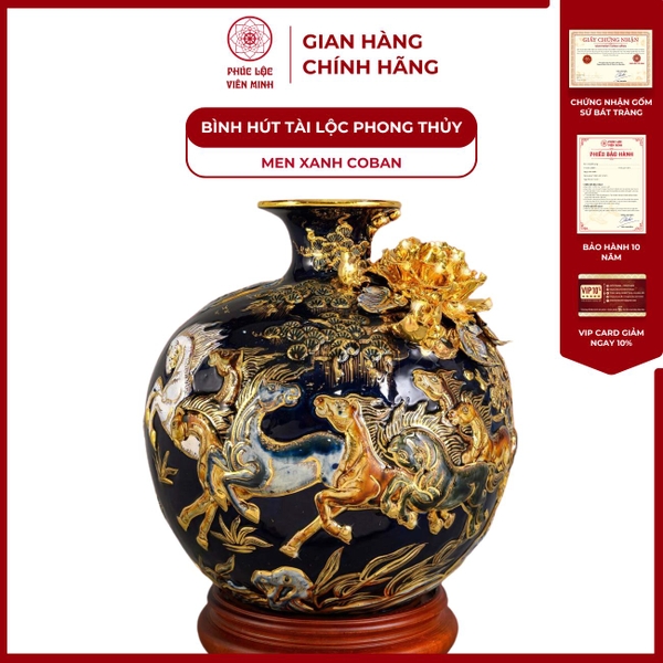 Bình Hút Lộc Mã Đáo Thành Công Gốm Sứ Bát Tràng Men Xanh Coban Vàng Phong Thủy 