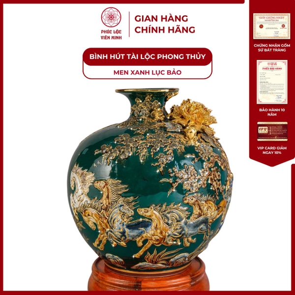 Bình Hút Lộc Mã Đáo Thành Công Gốm Sứ Bát Tràng Men Xanh Lục Bảo Vàng Phong Thuỷ Đẹp 